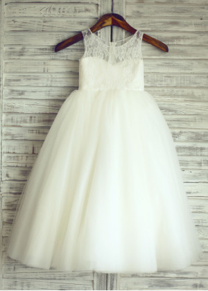 Ivory Lace Tulle Floor Length Wedding Flower Girl Dress